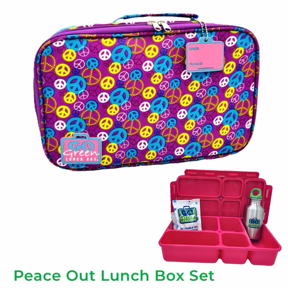 Lunch Box Set with Bento Box, Water Bottle & Ice Pack | Peace Out Pattern